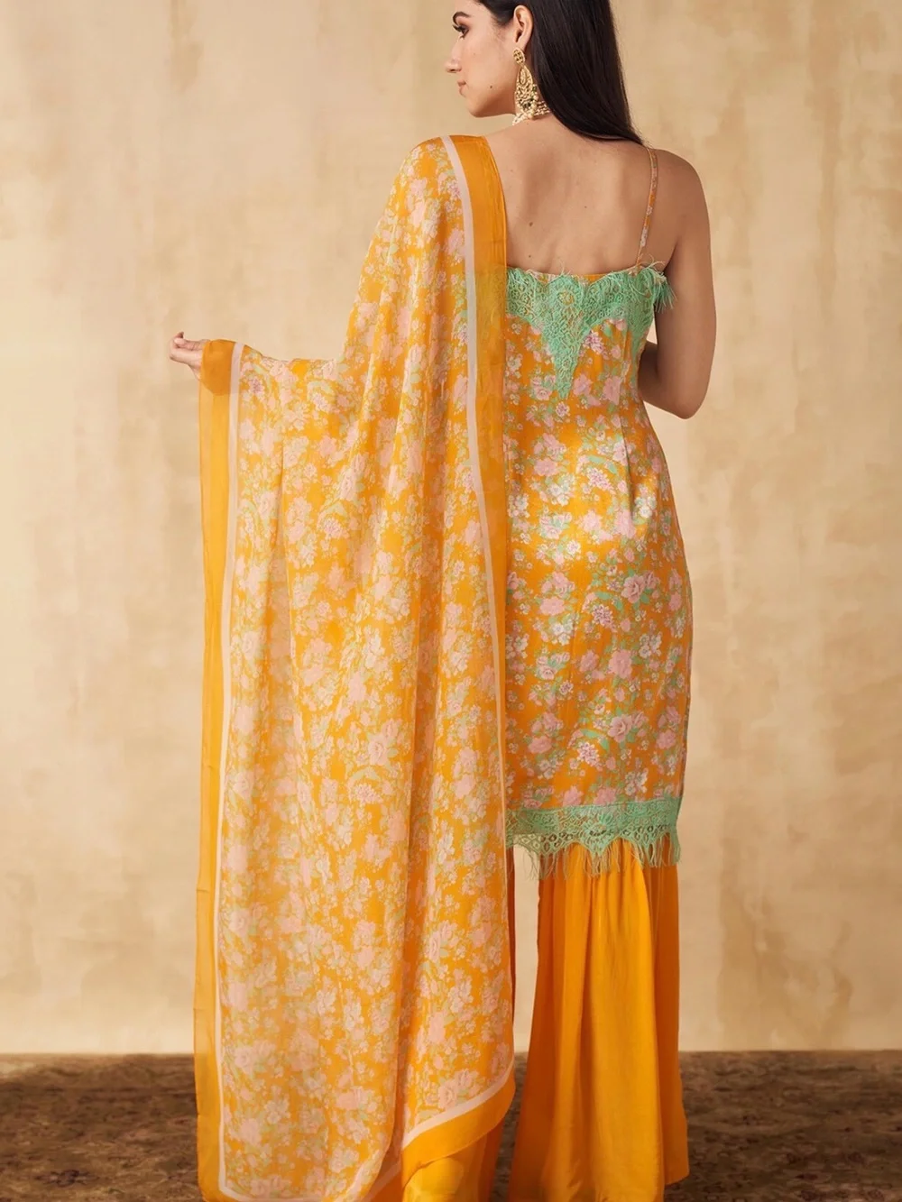 Satin Yellow Floral Lace-Trim Kurta with Mint Accents, Wide-Leg Sharara Set